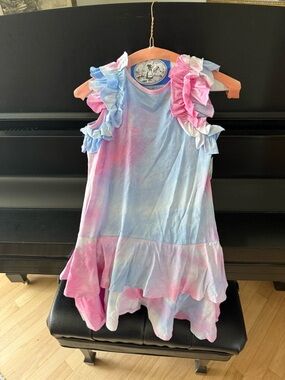 Chloe Girls Tie-Dye Ruffle Sleeve Dress in Blue and Pink